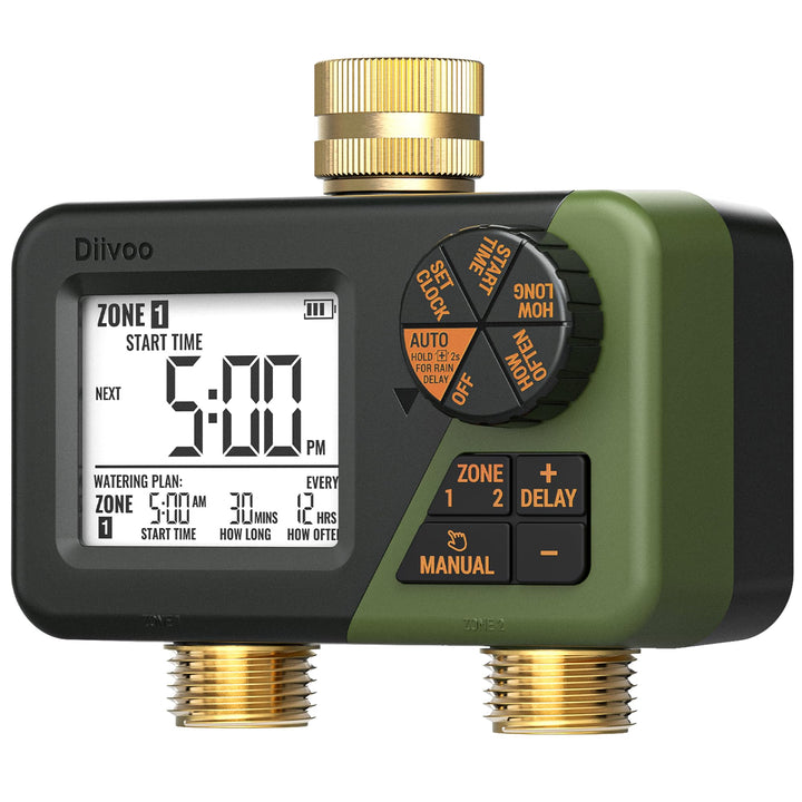 Diivoo Bewässerungscomputer 2 Ausgänge, Programmierbare Wasserschlauch Timer 2 Outlet für Garten, Ou