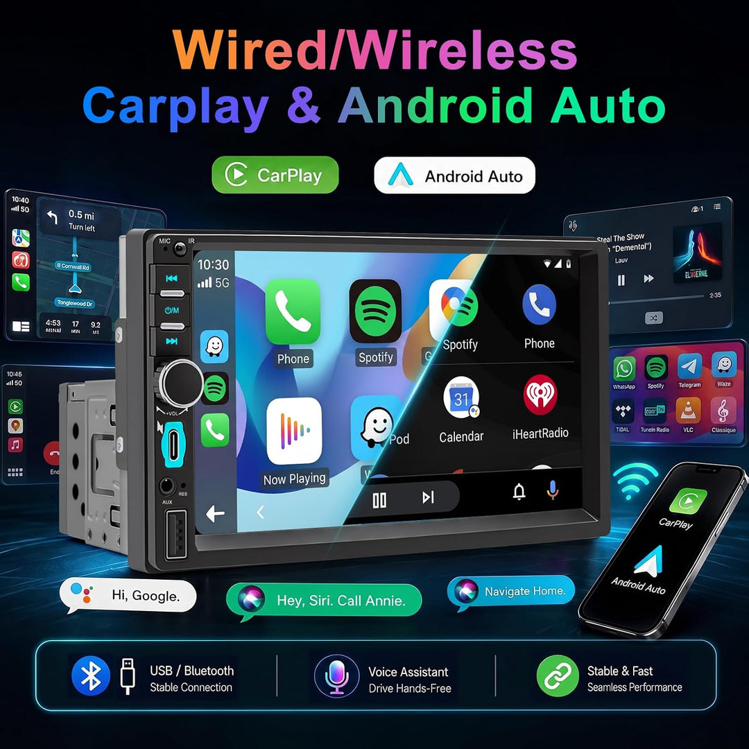 1 DIN Autoradio mit Bildschirm, Wireless CarPlay &amp; Android Auto 7, 7