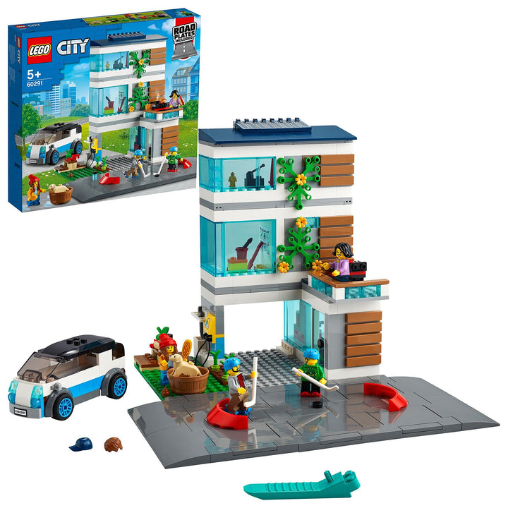LEGO 60291 City Modernes Familienhaus, Puppenhaus mit Strassenplatten und 4 Minifiguren, kreatives K