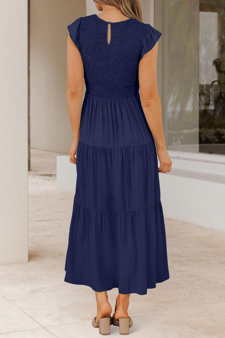 Damen Sommerkleid A Linie Kleider Kurzarm Kleid Midi Freizeitkleid M Dunkelblau, M Dunkelblau