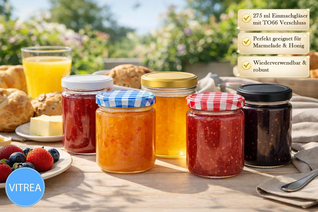Vitrea 12x Marmeladengläser 275 ml - mit Deckel Rot Kariert TO 66 - Einmachgläser zum befüllen mit S