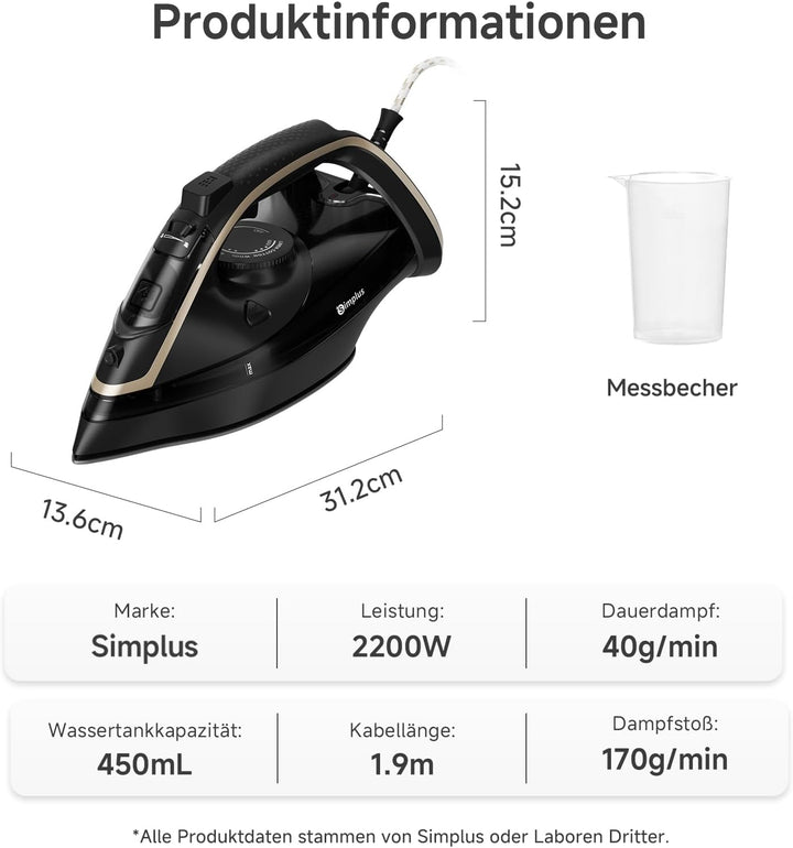 SIMPLUS Dampfbügeleisen 2200 W, Bügeleisen mit starkem Dampfstoss, 25 Sek. Aufheizzeit, 450 ml Wasse