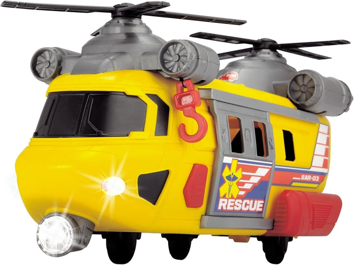 Dickie Toys Rettungshelikopter mit drehbarem Frontlicht &amp; Sound, Helikopter mit Aufzieh-Seilwinde in