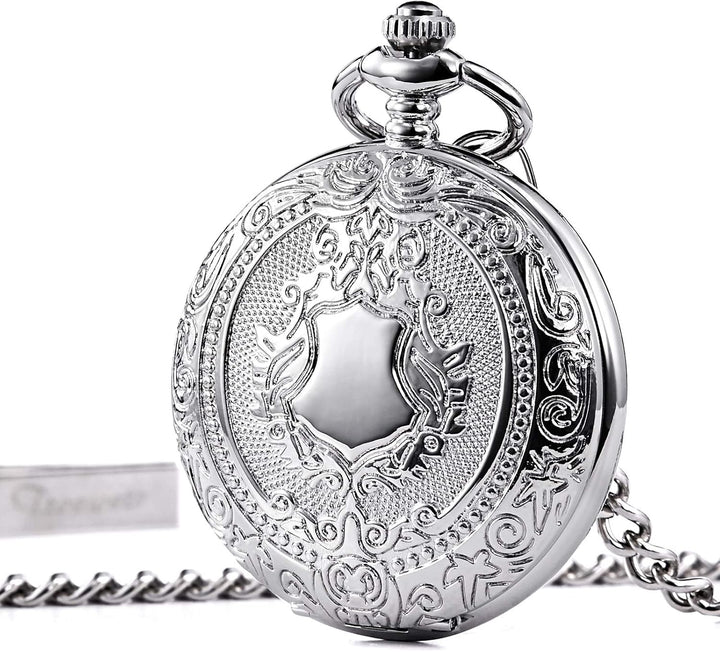 TREEWETO Unisex Taschenuhr mit Kette Analog Handaufzug Antik Graviert Römische Silber/Gold/Schwarz,