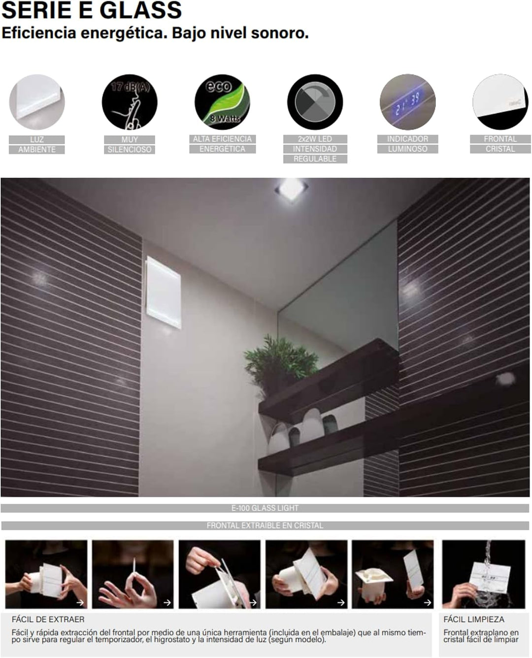 E-100 GTH - Abluftventilator Bad - Serie E Glass Hygro - Glasfront - Zeitschaltuhr Luftfeuchtigkeits