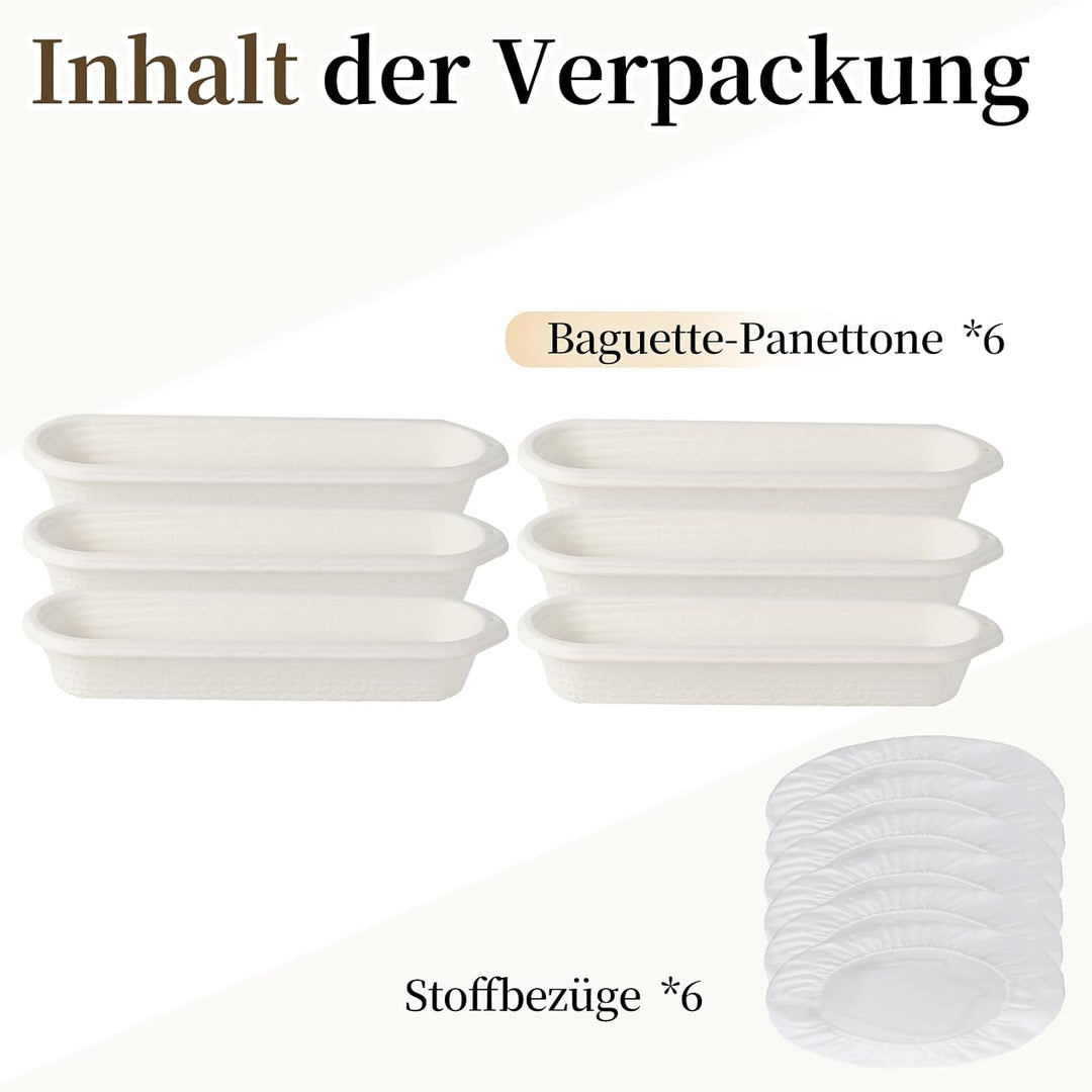 Baguette Gärkorb Set aus Zellstoff – 6er Pack mit 6 Leinentüchern – Längliche Brotbackformen für Sau