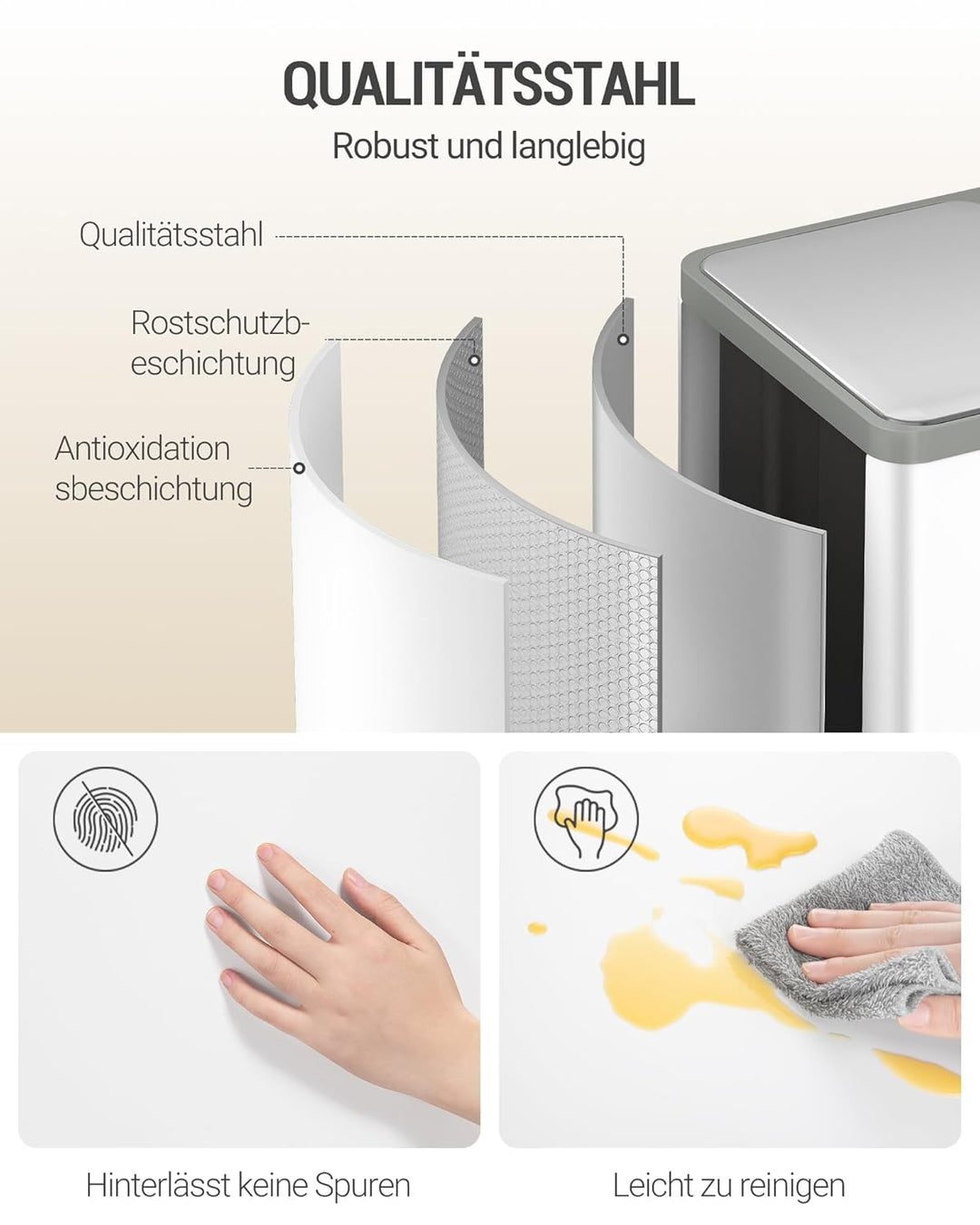 Hzuaneri Mülleimer Küche, Mülltrennsystem 2 Fächer 60L (2 x 30 L), Edelstahl-küchenmülleimer, Tretmü