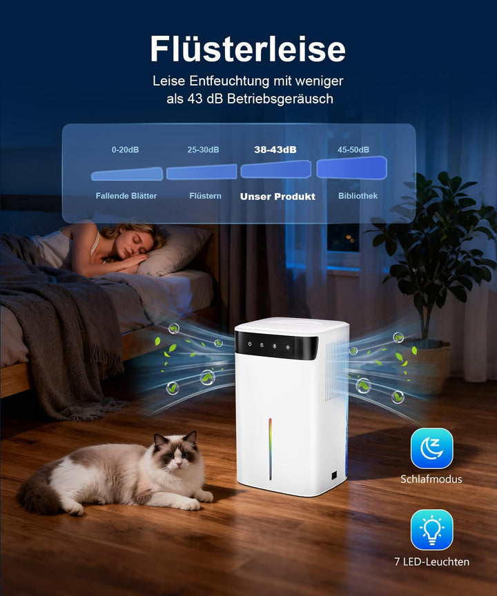 Mini Luftentfeuchter Elektrisch 2600ML für Kleine Räume, Raumentfeuchter mit Nachtmodus, RGB-Farblic
