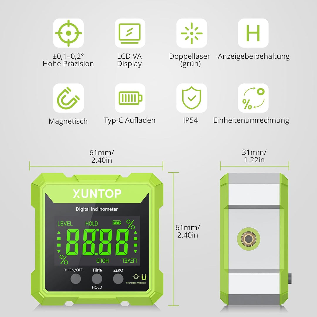 XUNTOP Digitaler Winkelmesser Neigungsmesser Grün Laser Wasserwaage mit LCD Display, Type-C Schnitts