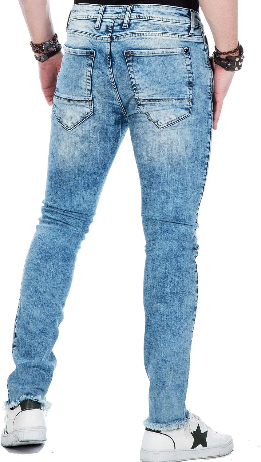 Cipo Baxx Herren Used Jeans Hose Frayed-Legs Slim Fit Design Hose Blau W42 L34