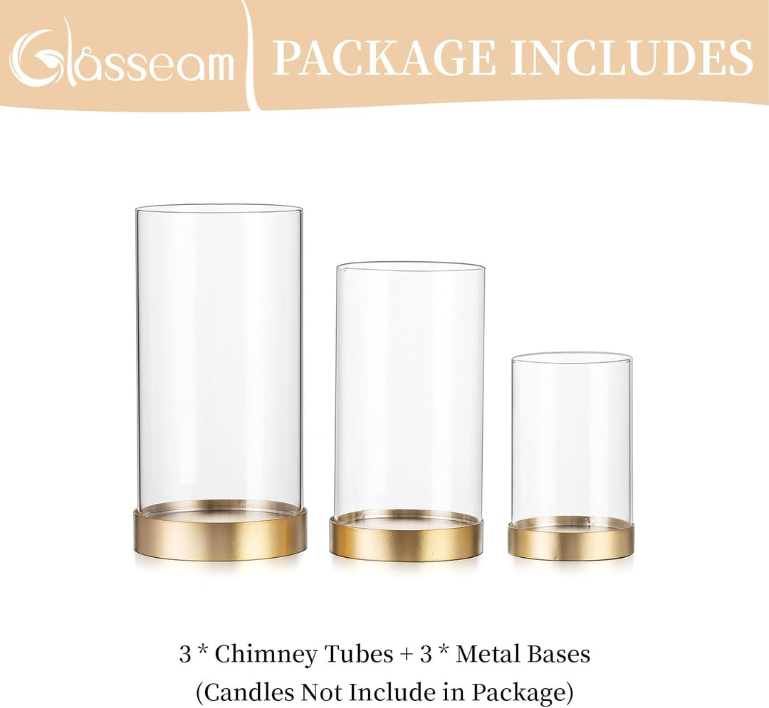 Glasseam Gold Windlicht Glas: 3er Set Gross Kerzenständer mit Glaszylinder Gold+klar 3, Gold+klar 3
