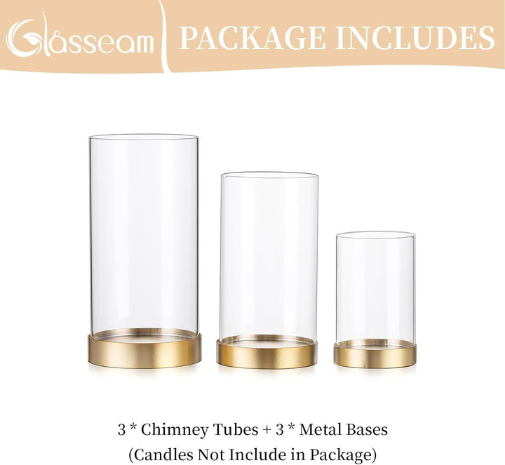 Glasseam Gold Windlicht Glas: 3er Set Gross Kerzenständer mit Glaszylinder Gold+klar 3, Gold+klar 3