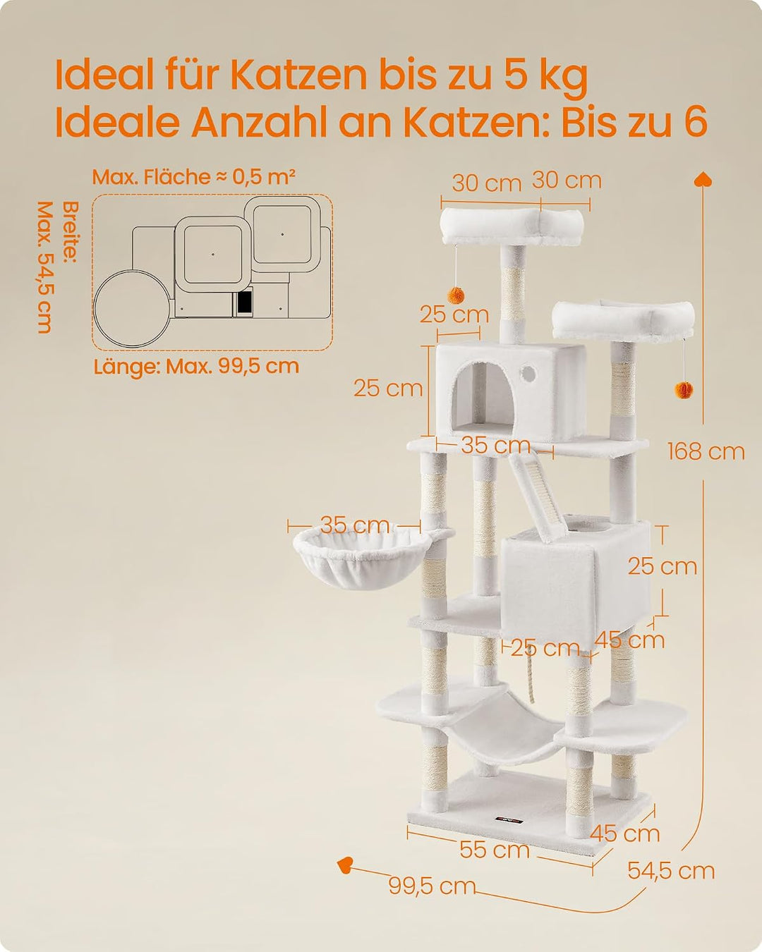 Feandrea Kratzbaum gross, L, 165 cm hoch, 13 Kratzsäulen, 2 Plattformen Cremeweiss L (55 x 45 x 165