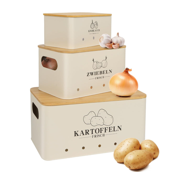 Kartoffel Aufbewahrungsbox 3er Set, Kartoffel Aufbewahrung Vintage Mit Bambusdeckel, Aufbewahrung Ka