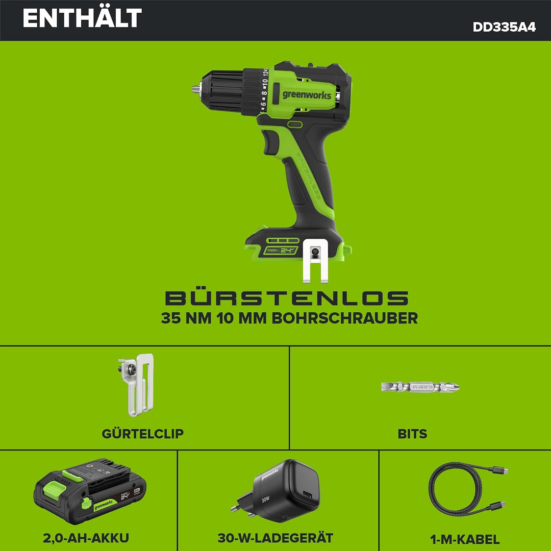 Greenworks 24V Akku‑Bürstenlos‑Bohrschrauber DD335, 35 Nm Drehmoment, inkl. 2Ah USB‑C Akku, 30W Lade
