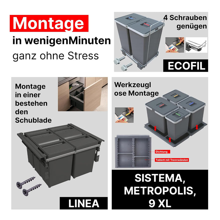 Mülltrennsystem 9 XL für 80 cm Schublade - Einbau-Mülleimer mit 3 Fächern (1x 20L, 2x 9L), Abfalleim