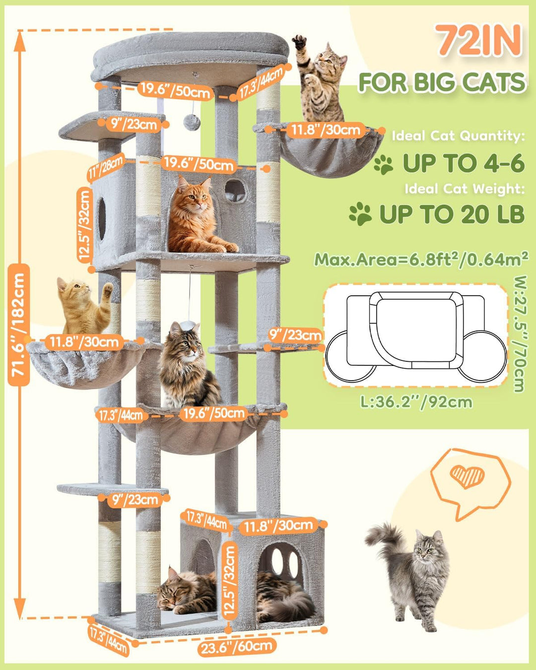 Taoqimiao 182 cm Kratzbaum XXL, Stabil, Gross, Katzenbaum für Katzen, F20W Hellgrau, Hellgrau