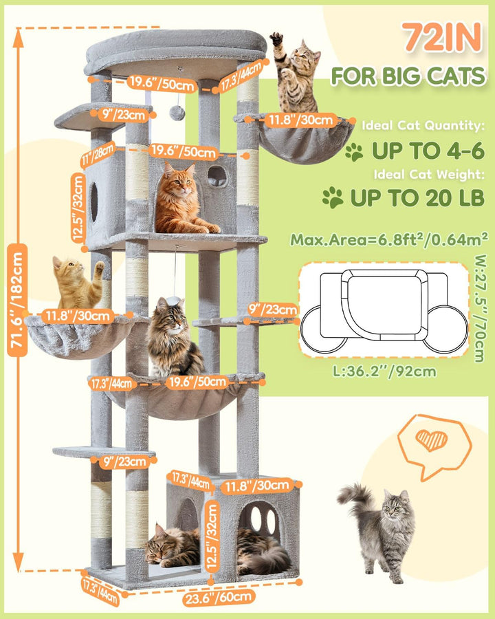 Taoqimiao 182 cm Kratzbaum XXL, Stabil, Gross, Katzenbaum für Katzen, F20W Hellgrau, Hellgrau