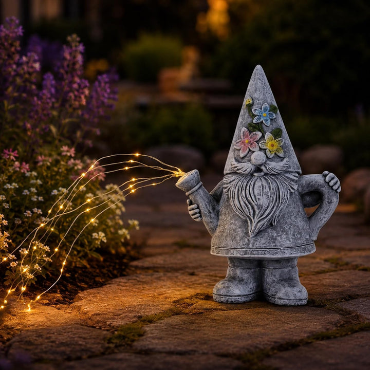 Yeomoo Giesskanne-Gartenzwerge mit Solar Lichterkette für Aussen Gartendeko Gartenzwerge Figur Grau,