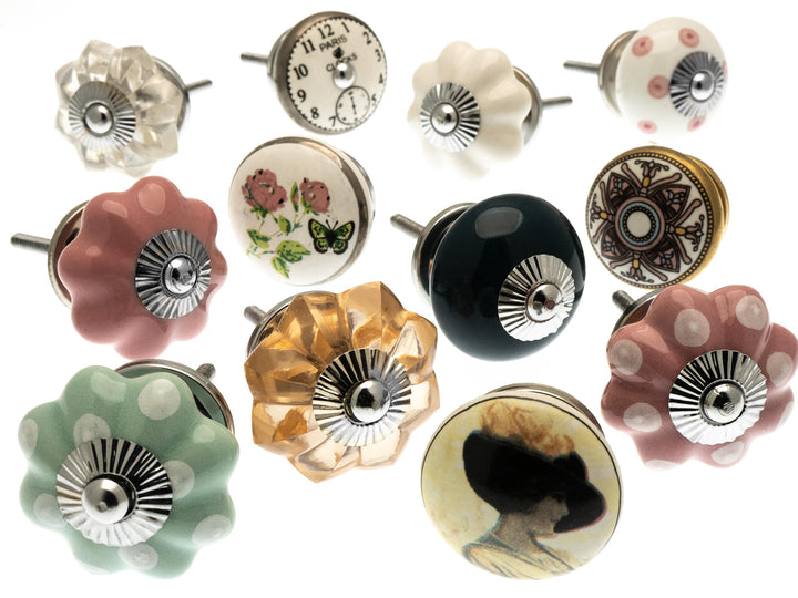 verschiedene Vintage Style Schrankknöpfe aus Keramik x 12 - &