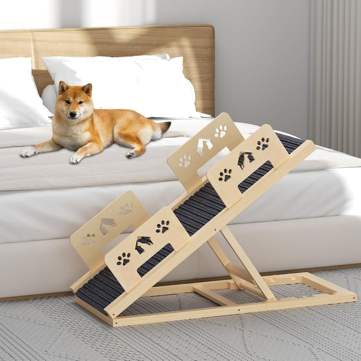 Hunderampe 100cm, 4-stufige Höhenverstellbare von 35CM bis 58CM Hunderampe Bett Rampe Hund aus Holz