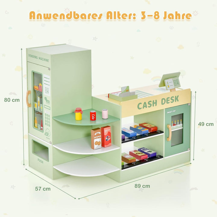 DREAMADE Kasse Kaufladen Kinder, Kaufmansladen Holz mit realistischer Kasse &amp; Verkaufsautomat, Spiel