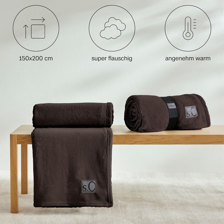 s.Oliver Kuschelsoft Decke 150x200 cm - flauschig, warm &amp; waschbar, Kuscheldecke Dunkelbraun Uni 150