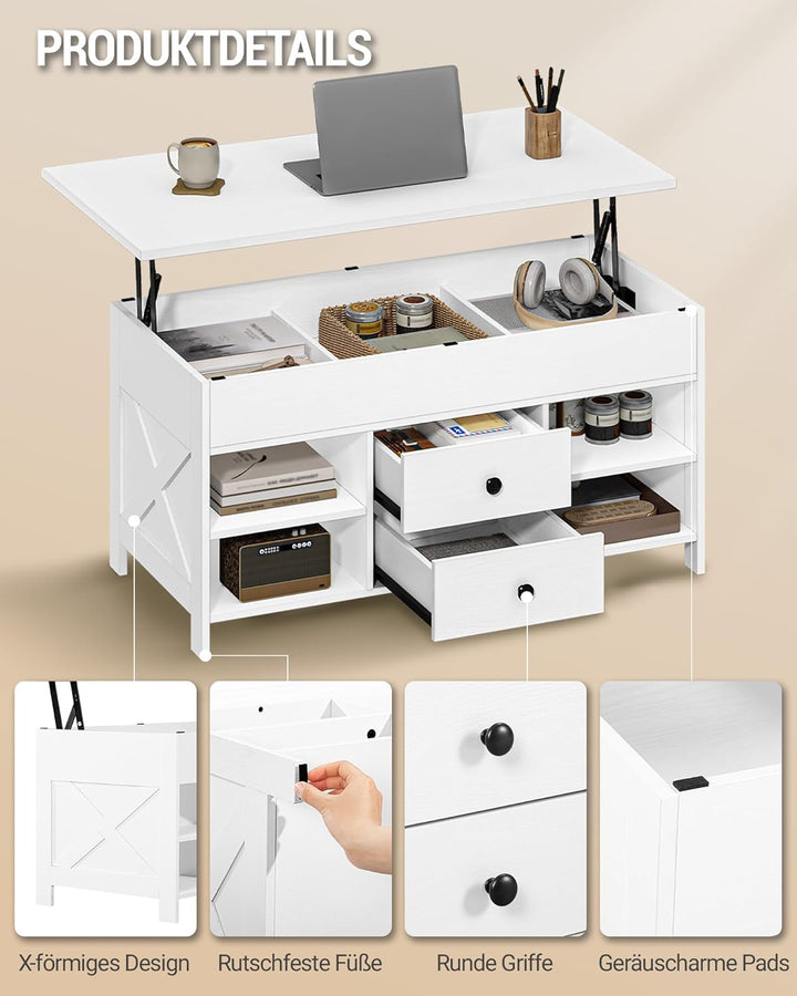 Hzuaneri Couchtisch, höhenverstellbarer Wohnzimmertisch, Sofatisch, 2 Schubladen und Versteckter Sta