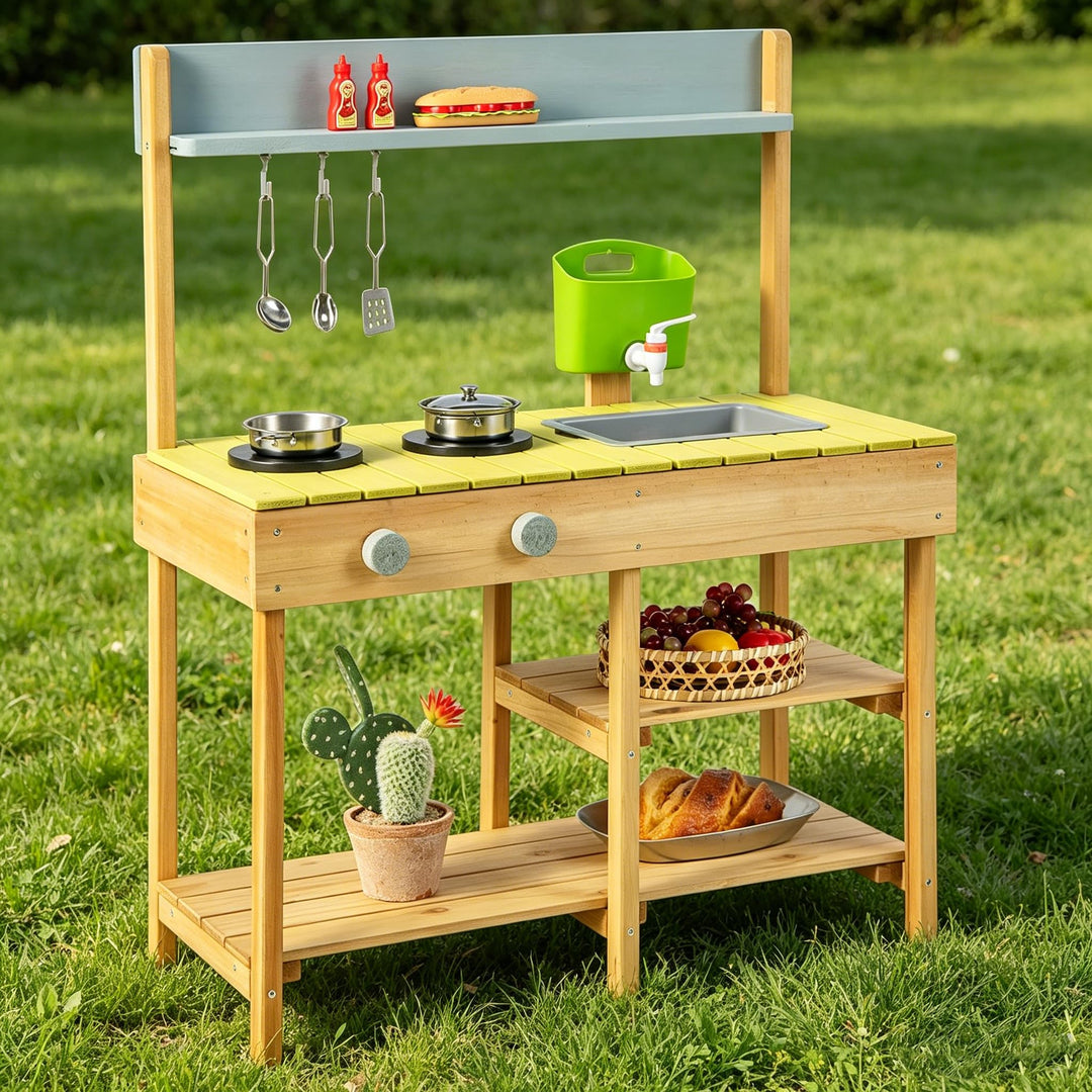 DREAMADE Matschküche Kinder Outdoor, Kinderküche mit Wassertank, Wasserhahn, Herd &amp; abnehmbarem Rega