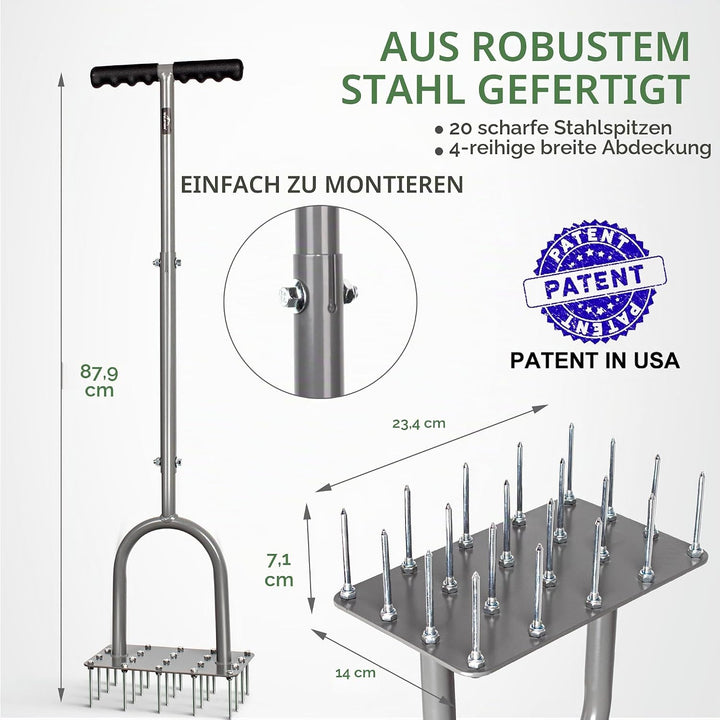 Walensee Rasenlüfter mit 20 Stahlspikes, Manueller Rasenbelüfter 4-reihig, Robuster Bodenbelüfter fü