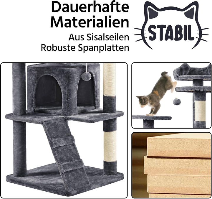Yaheetech 178 cm Kratzbaum gross Stabiler Katzenbaum mit 2 Höhlen dunkelgrau Dunkelgrau 55 x 55 x 17