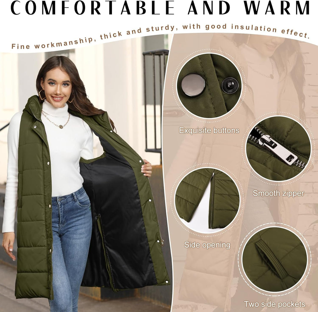 Yuson Girl Lange Jacke Weste für Damen Ärmellose Kapuzenweste Steppweste Damen Lang Winteroberbeklei