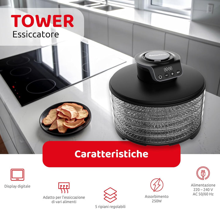 Melchioni Family | Digitaler Dörrautomat TOWER, 5 verstellbare Etagen, Trocknung von Obst, Gemüse, P
