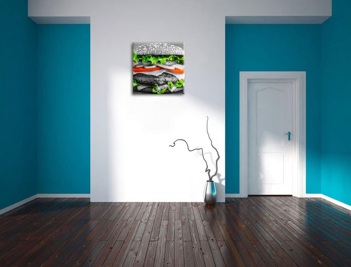 Pixxprint leckerer Hamburger mit Zwiebeln schwarz/weiss, Format: 70x70 als Leinwandbild, 70x70
