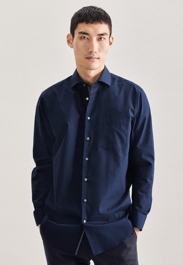 Seidensticker Herren Regular Fit Langarm Popeline Hemd, Dunkelblau