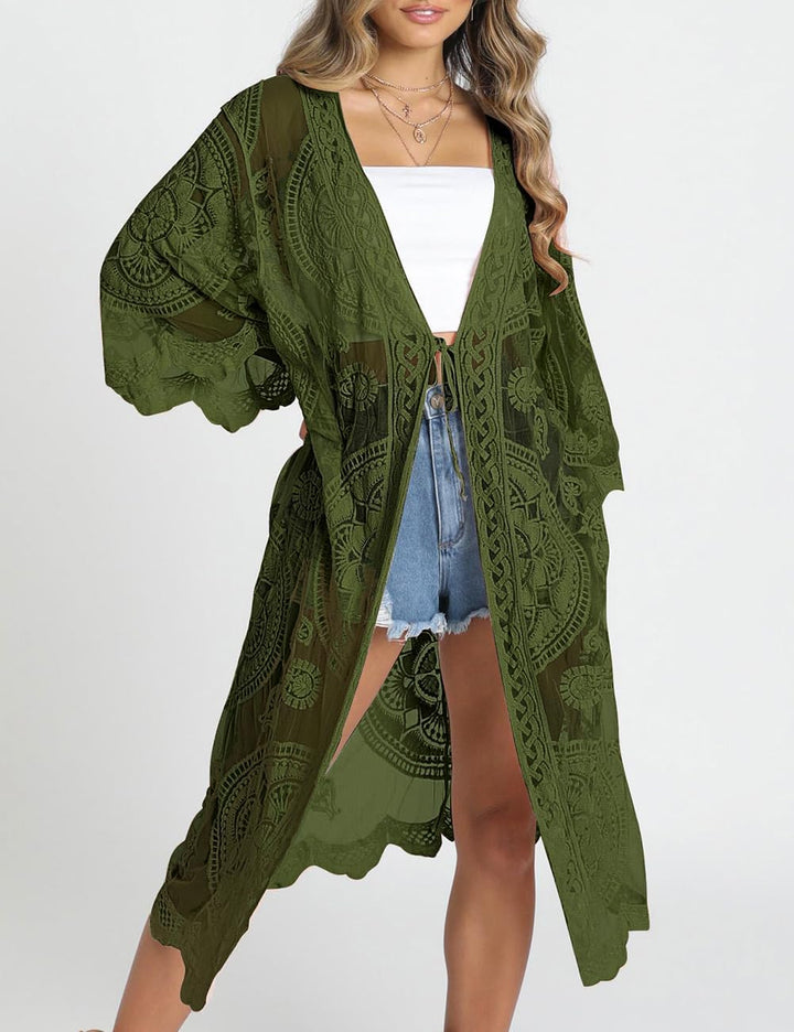 Bsubseach Badeanzug Cover Up für Frauen Lace Sheer Floral Kimono Cardigans Mesh Long Strand Dress E-
