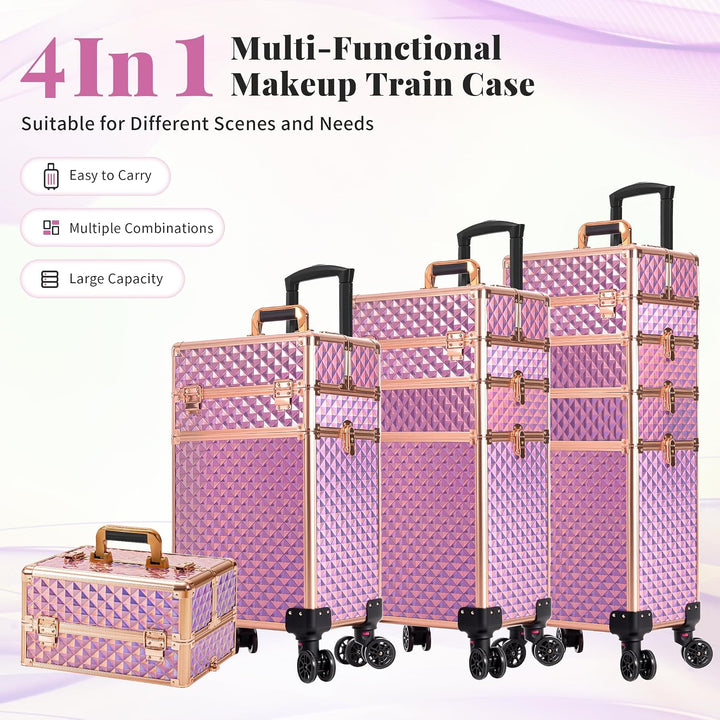 Arous 4-in-1 Professioneller Make-up-Zugkoffer, multifunktionaler Kosmetikwagen mit 360° drehbaren R