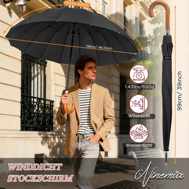 NINEMAX Regenschirm Stockschirm Sturmfest für Herren Damen, Grosser Regenschirm Holzgriff, Classic S