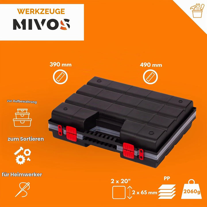 Mivos Doppelseitig Sortimentskasten 20” mit Verstellbare Fächer - 2 Seitig Sortierkasten - Aufbewahr