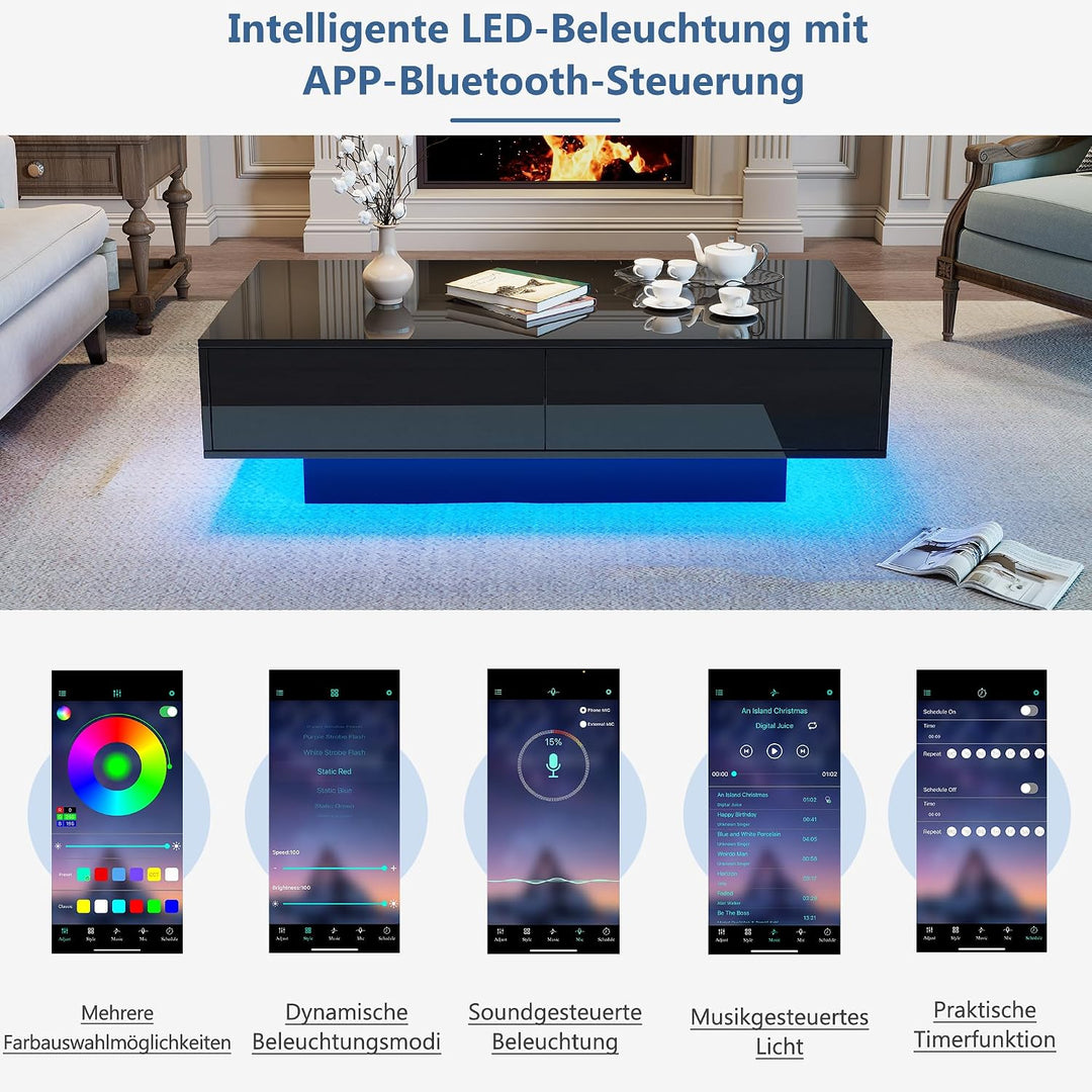 Merax Couchtisch Schwarz Hochglanz, Wohnzimmertisch mit LED Beleuchtung, Kaffeetisch mit 2 Schublade