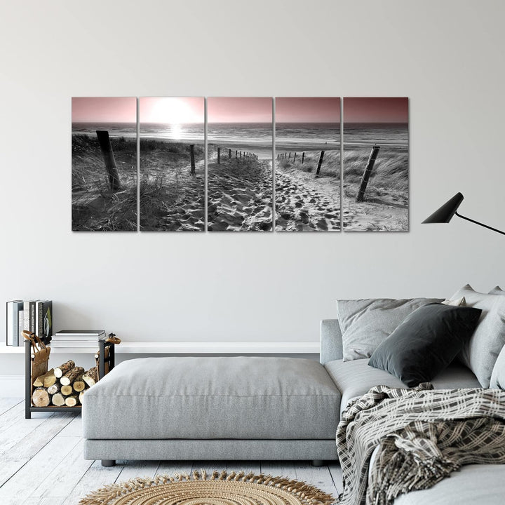 Runa Art Wandbild XXL Strand Sonnenuntergang Schlafzimmer Wohnzimmer 200 x 80 cm Grau Rosa 5 Teilig
