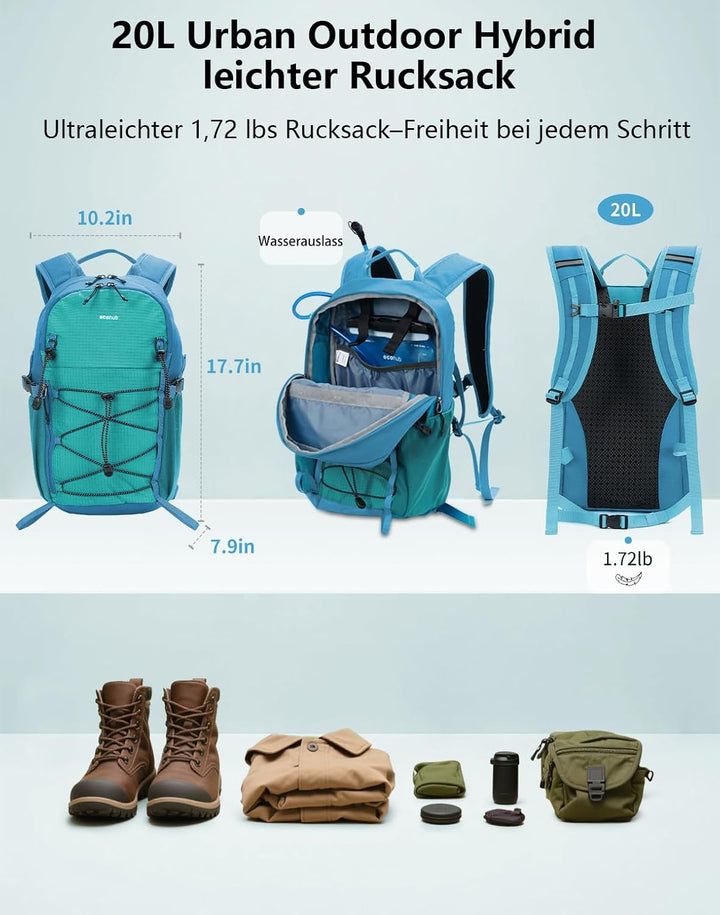ECOHUB Leichter Atmungsaktiver Wanderrucksack mit Vielen Fächern aus PET Blaugrun, Blaugrun