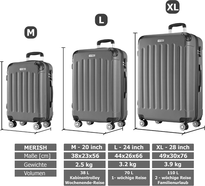 MERISH Reisekoffer Koffer Kofferset Trolleys Zwillingsrollen 3tlg. Hartschale in 9 Farben (Black, M)