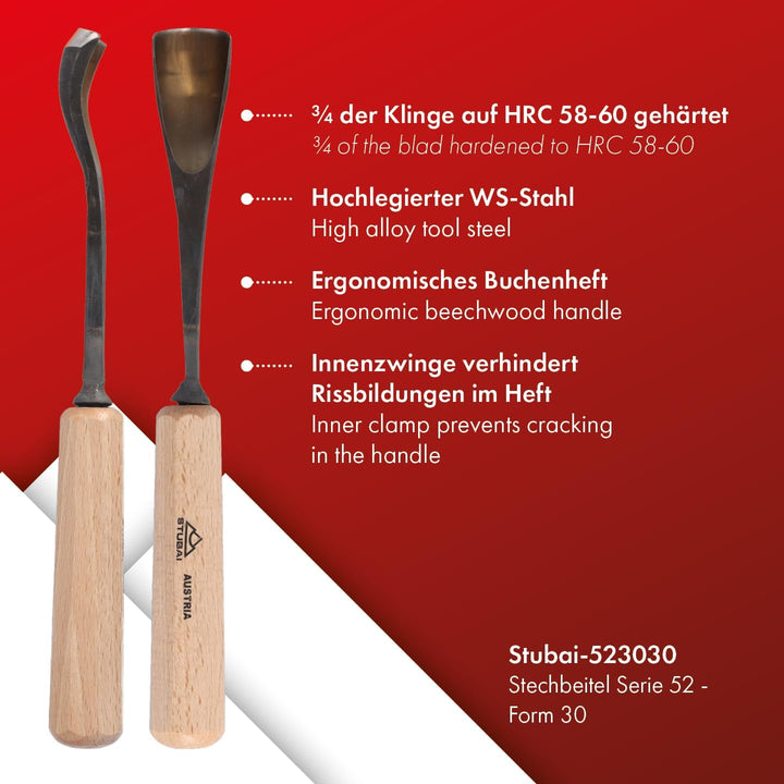 Stubai Stechbeil Form 30 + Heft scharostfrei geschliffen, SB Verpackung, 30 mm, 523030