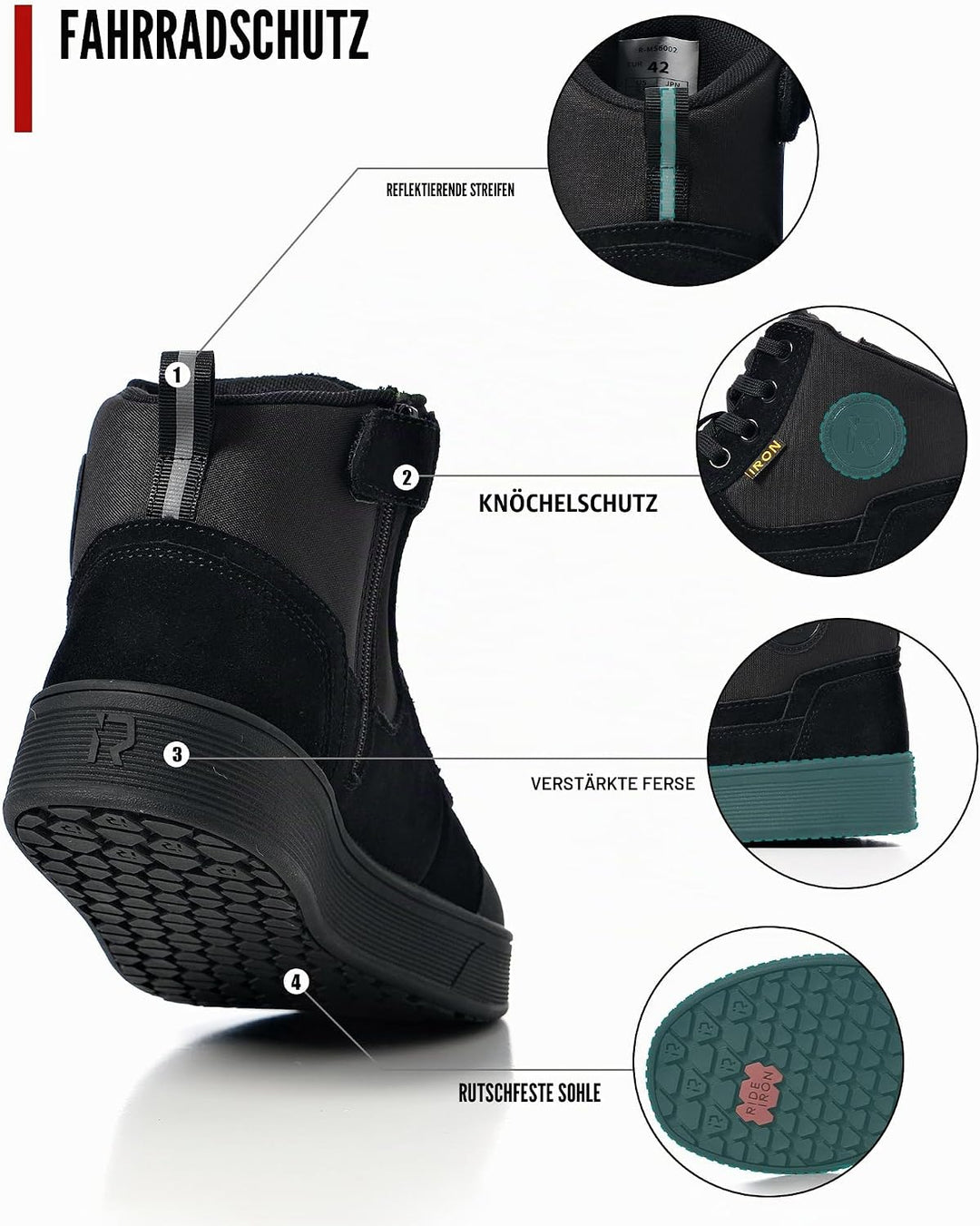 RIDEIRON Motorradschuhe Herren Damen Motorradstiefel CE-geprüft Schwarz 44 EU, Schwarz 44 EU