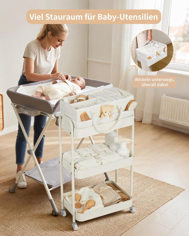 Fortella Wickeltisch Organizer Tragbar mit Rollwagen, Baby Essentials-Beige, Beige