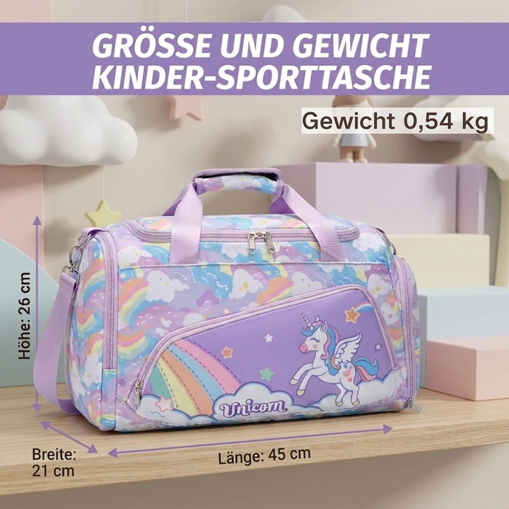 Suweir Kinder Sporttasche, Mädchen Reisetasche mit Schuhfach &amp; Nassfach Einhorn Regenbogen Lila, Ein