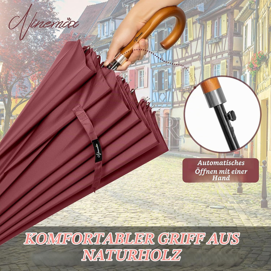 NINEMAX Regenschirm Gross Sturmfest,Stockschirm mit Holzgriff füR Herren Damen,Stabiler 16 Knochen R
