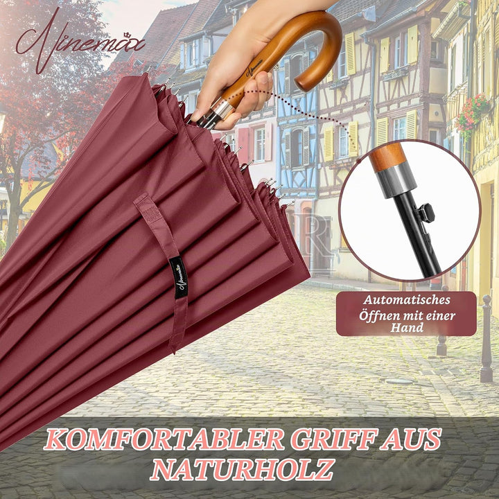 NINEMAX Regenschirm Gross Sturmfest,Stockschirm mit Holzgriff füR Herren Damen,Stabiler 16 Knochen R