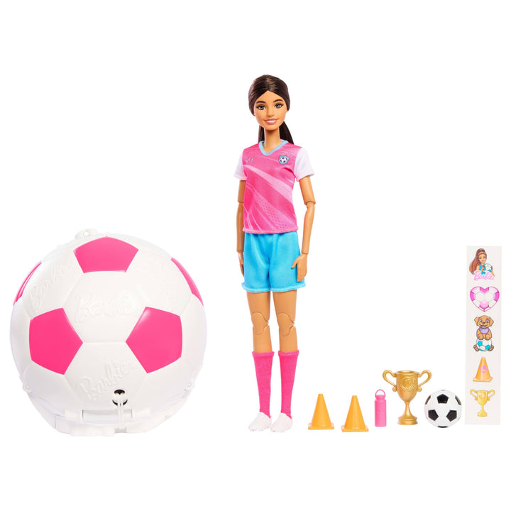 Barbie Team Roll &amp; Reveal Fussballspielerin-Puppe und Zubehörteile mit brünetter Modepuppe, 8 Überra